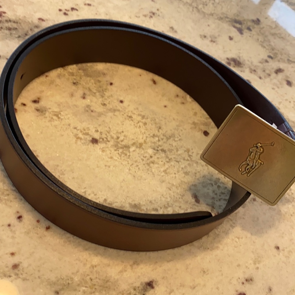 POLO by RALPH LAUREN, BRASS LOGO BUCKLE,BROWN LEATHER BELT